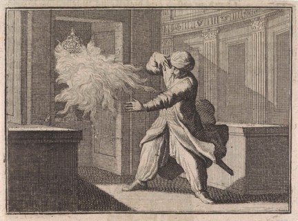 Oriental man looks out of curiosity in a closet at a host chalice, from which as punishment a flame