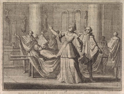 Woman in a church looking at a bier, Caspar Luyken, Christoph Weigel, Frantz Martin Hertzen, 1710
