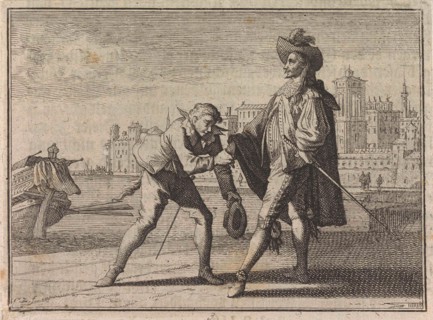 Man kisses the hand of a nobleman on a quay, Caspar Luyken, Christoph Weigel, Frantz Martin