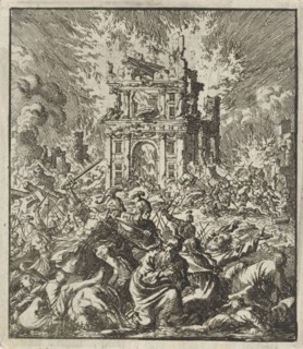 Romans kill the Jews, while the Temple burns, print maker: Jan Luyken, Jan Rieuwertsz. II, Barent