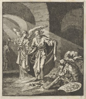 Peter liberated by the angel from prison, Jan Luyken, Jan Rieuwertsz. (II), Barent Visscher, 1706