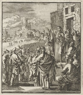 Peter preaches on doorstep of a home, Jan Luyken, Jan Rieuwertsz. II, Barent Visscher, 1706