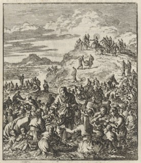 Apostles give bread to the crowd, Christ on a mountain top, Jan Luyken, Jan Rieuwertsz. II, Barent