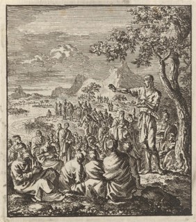 Preaching of John the Baptist on the banks of the Jordan, print maker: Jan Luyken, Jan Rieuwertsz.