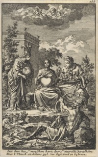 Woman holding a heart in her hands, sitting between the World and Lust, Jan Luyken, Jacob van