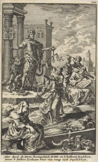 Tyrant watches as the personifications of the Law and Faith are suppressed, Jan Luyken, Jacob van