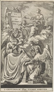 Allegorical female figure describes a panel in the clouds, Jan Luyken, Pieter Mortier, 1705