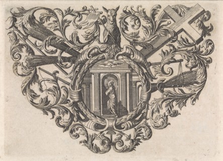 The image of Christ is contained in an ornamental frame with floral motifs and Christian symbols,