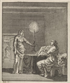 Woman reading in a dark room with a candle, Jan Luyken, wed. Pieter Arentsz II, Cornelis van der