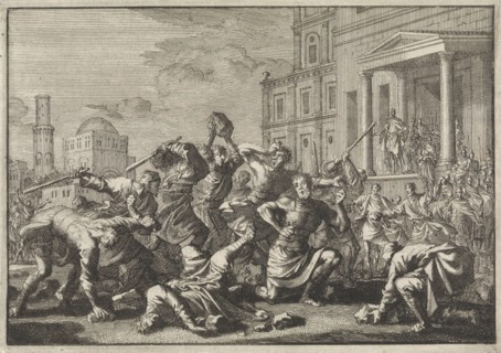 Herod lets his barber Tryphon, Tyro and his son be stoned on suspicion of treason, Jan Luyken,