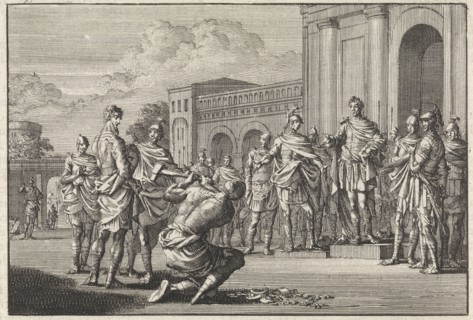 Josephus freed by Vespasian, print maker: Jan Luyken, Pieter Mortier, 1704
