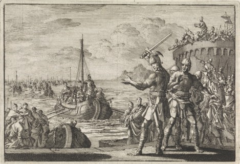 Josephus orders Klitus to cut off his left hand, print maker: Jan Luyken, Pieter Mortier, 1704