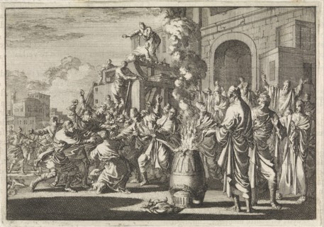 Battle between Jews and Greeks in front of the synagogue in Caesarea, Israel, print maker: Jan