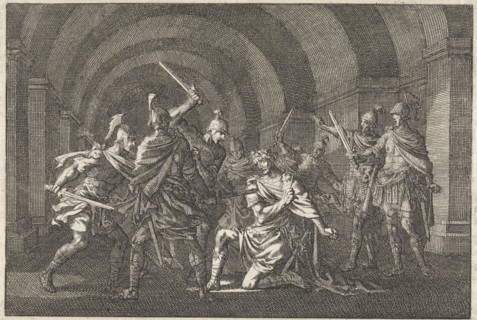 Emperor Caligula attacked in a vault by an armed gang and killed, Jan Luyken, Pieter Mortier, 1704