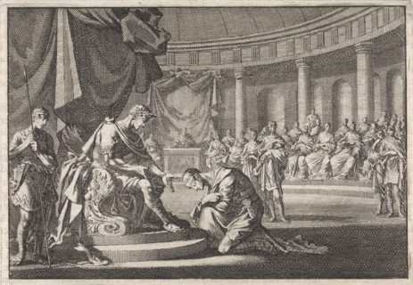 Archelaus, son of Herod, kneels before Caesar Augustus in Rome, Jan Luyken, Pieter Mortier, 1704