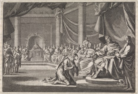 During a meeting Antipater kneels before his father Herod, Jan Luyken, Pieter Mortier, 1704