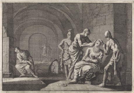 Hyrkanus' ears cut off in jail, Jan Luyken, Pieter Mortier, 1704