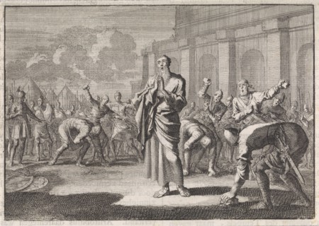 Onias stoned by Jews, Jan Luyken, Pieter Mortier, 1704