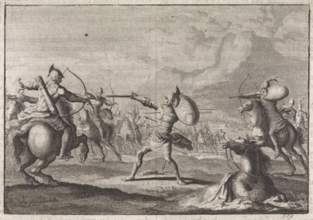 Demetrius Seleucus defends himself against shooting horsemen, Jan Luyken, Pieter Mortier, 1704