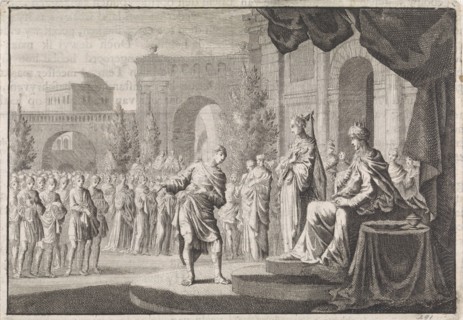 Hyrkanus before the throne of Ptolemy Philadelphus, Jan Luyken, Pieter Mortier, 1704