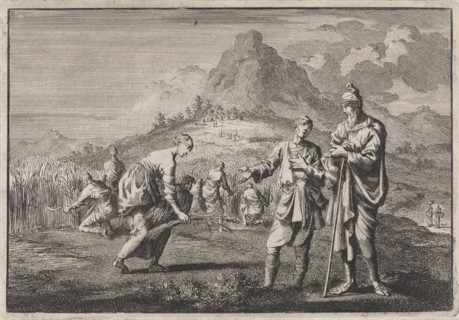 Boaz interrogates his supervisor about Ruth, Jan Luyken, Pieter Mortier, 1704