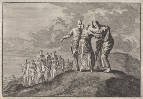 Moses says goodbye to Eleazar and Joshua, Jan Luyken, Pieter Mortier, 1704