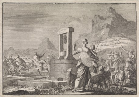 Daughters of Reuel at the well, Jan Luyken, Pieter Mortier, 1704