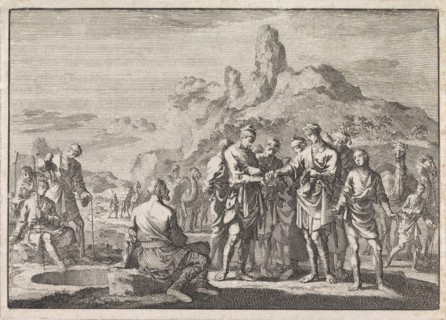 Joseph's brothers sold to traders, Jan Luyken, Pieter Mortier, 1704