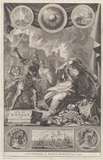 Chained woman in mourning attacked by warriors, Jan Luyken, Pieter Mortier, unknown, 1703