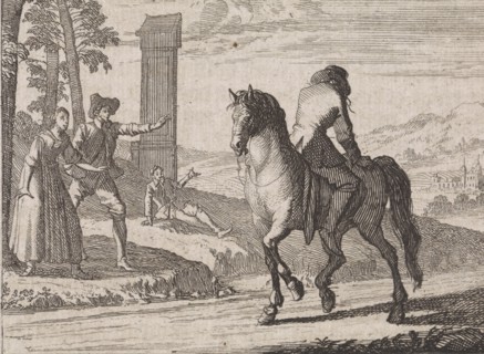 Nobleman who has gone insane sitting backwards on a horse, Caspar Luyken, Christoph Weigel, 1704