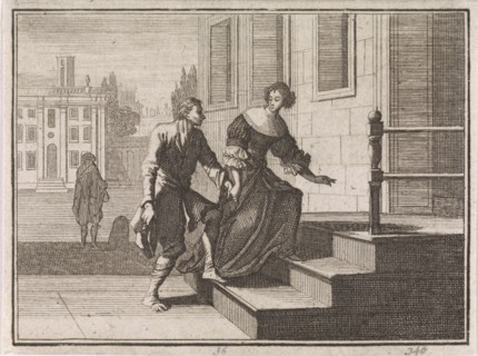 Wealthy woman leading a beggar up the doorstep of her home, Caspar Luyken, Christoph Weigel, 1704