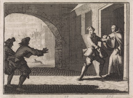Two men trying to prevent a boy from joining the monastery, Caspar Luyken, Christoph Weigel, 1704