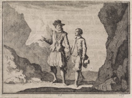 Emperor Maximilian and his guardian angel in a rocky landscape, print maker: Caspar Luyken,