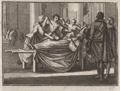 Mistress of a dead man stabs himself with a dagger, Caspar Luyken, Christoph Weigel, 1704
