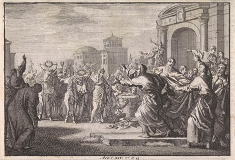 Residents of Lystra want to sacrifice cattle to Paul and Barnabas, Jan Luyken, Pieter Mortier,