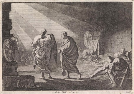 Peter liberated by the angel from prison, Jan Luyken, Pieter Mortier, 1703 - 1762