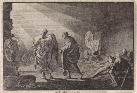 Peter liberated by the angel from prison, Jan Luyken, Pieter Mortier, 1703 - 1762