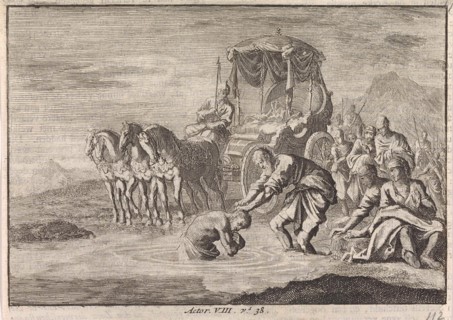 Baptism of the Eunuch by the apostle Philip, Jan Luyken, Pieter Mortier, 1703-1762