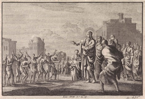 Christ and the ten lepers, Jan Luyken, Pieter Mortier, 1703 - 1762