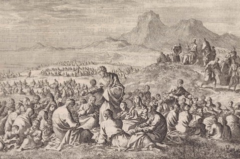 Miraculous multiplication of the seven loaves and the two fishes, Jan Luyken, Pieter Mortier, 1703