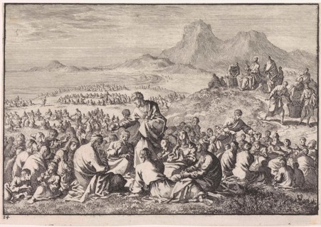 Miraculous multiplication of the seven loaves and the two fishes, Jan Luyken, Pieter Mortier, 1703
