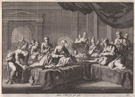 Mary Magdalene washes the feet of Christ, Jan Luyken, Pieter Mortier, 1703 - 1762