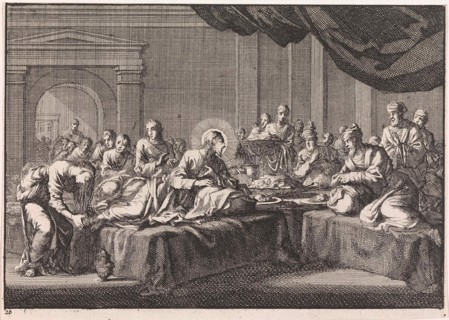 Mary Magdalene washes the feet of Christ, Jan Luyken, Pieter Mortier, 1703