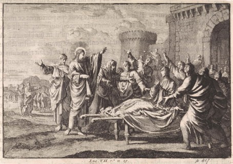 Christ touches the bier of the son of the widow of Nain, the young man sits up, Jan Luyken, Pieter