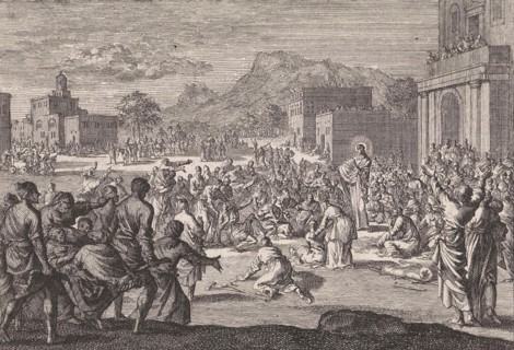 Christ speaks to a crowd on a square, Jan Luyken, Pieter Mortier, 1703 - 1762