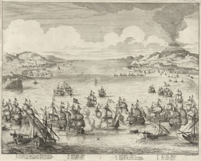 Naval battle at Agosta, 1676, Jan Luyken, weduwe Joannes van Someren, Hendrick and Dirk Boom, 1680