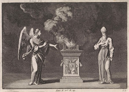 Gabriel appears to Zacharias in the temple, Jan Luyken, Pieter Mortier, 1703 - 1762