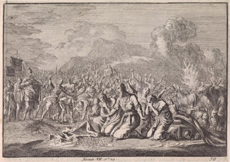 Stoning of Achan and his family, Jan Luyken, Pieter Mortier, 1703 - 1762
