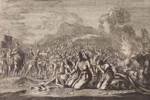Stoning of Achan and his family, Jan Luyken, Pieter Mortier, 1703 - 1762
