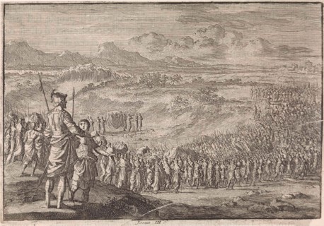 Israelites pass through the dry Jordan, Jan Luyken, Pieter Mortier, 1703 - 1762